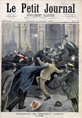 Portada de Le Petit Journal ilustrando el atentado contra Sadi Carnotrando el atentado contra Sadi Carnot